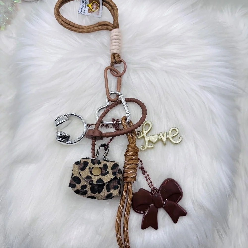 Leopard Print and Brown Bag Charm Keychain Set